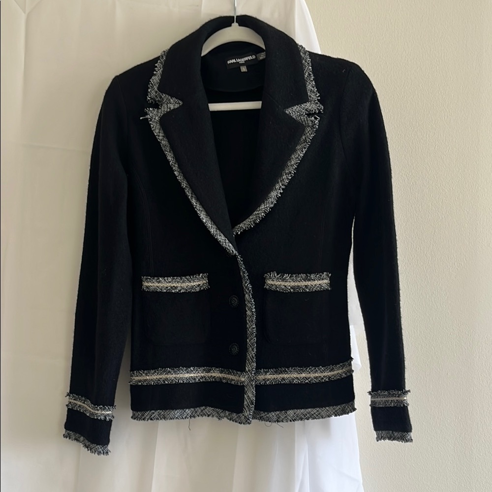 Karl Lagerfeld Black and Gray Blazer with Notched Lapel